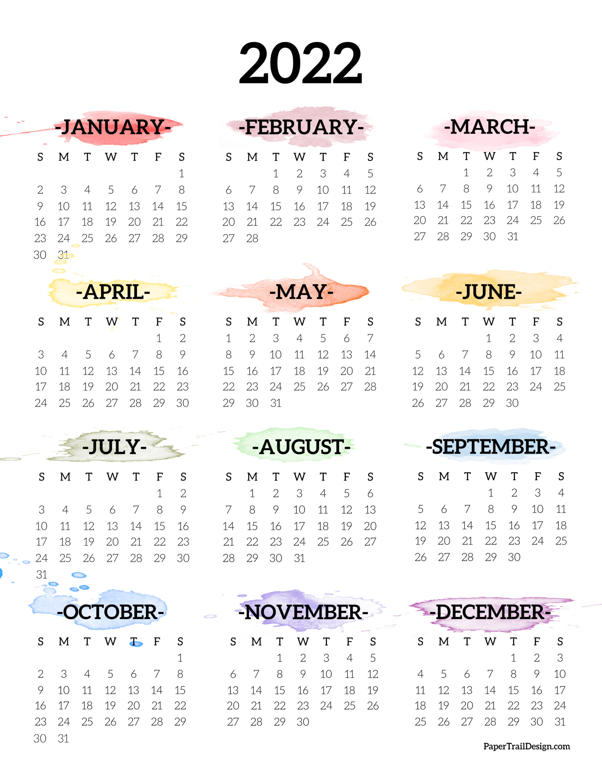 2022 one page calendar printable watercolor paper