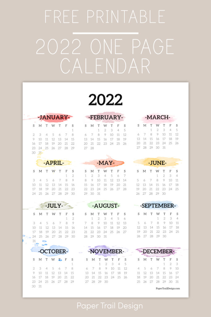 2022 one page calendar printable watercolor paper trail design