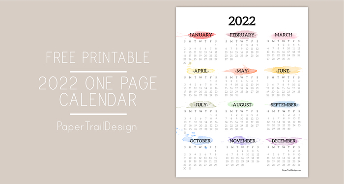 2022 One Page Calendar Printable – Watercolor