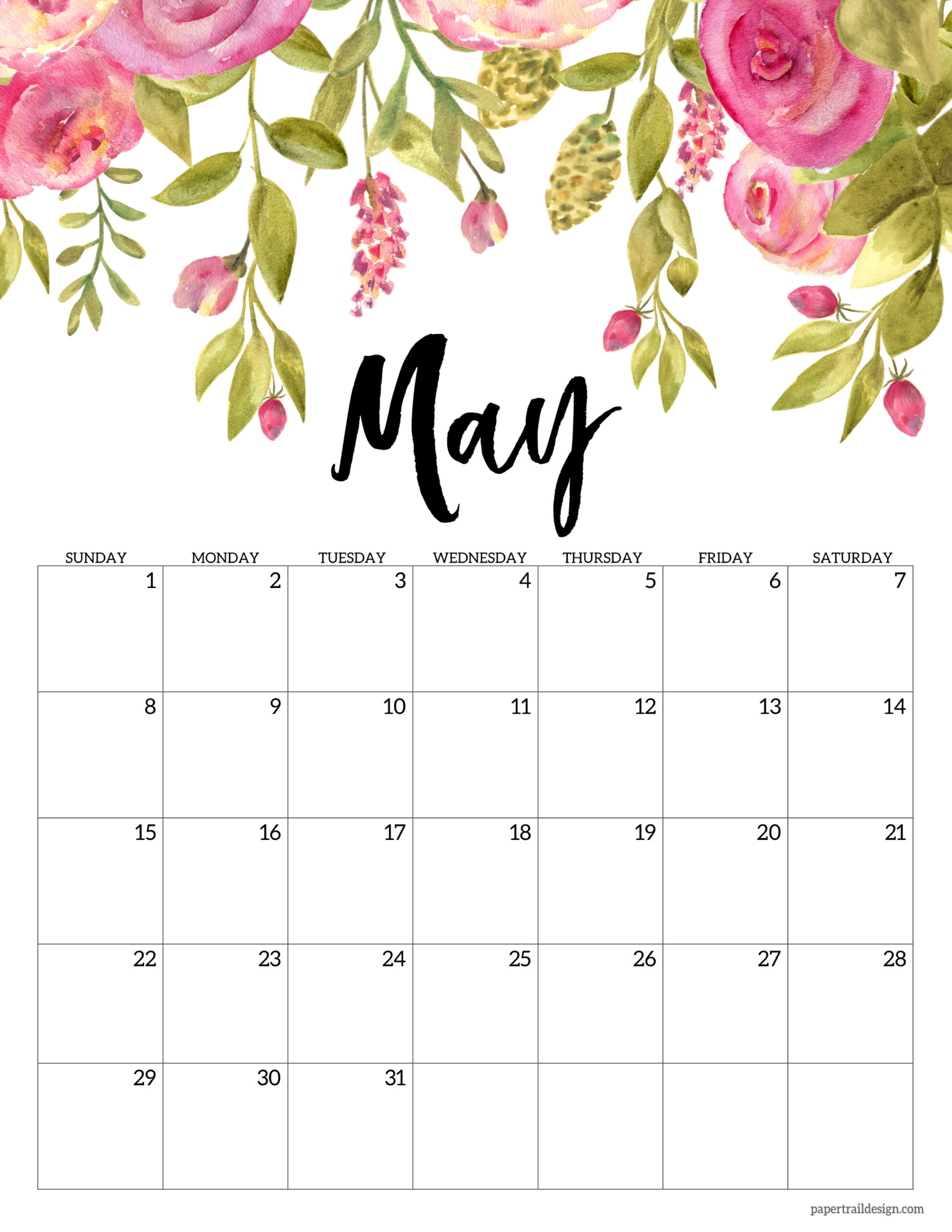 May Calendar 2022 Cute Free Printable 2022 Floral Calendar - Paper Trail Design