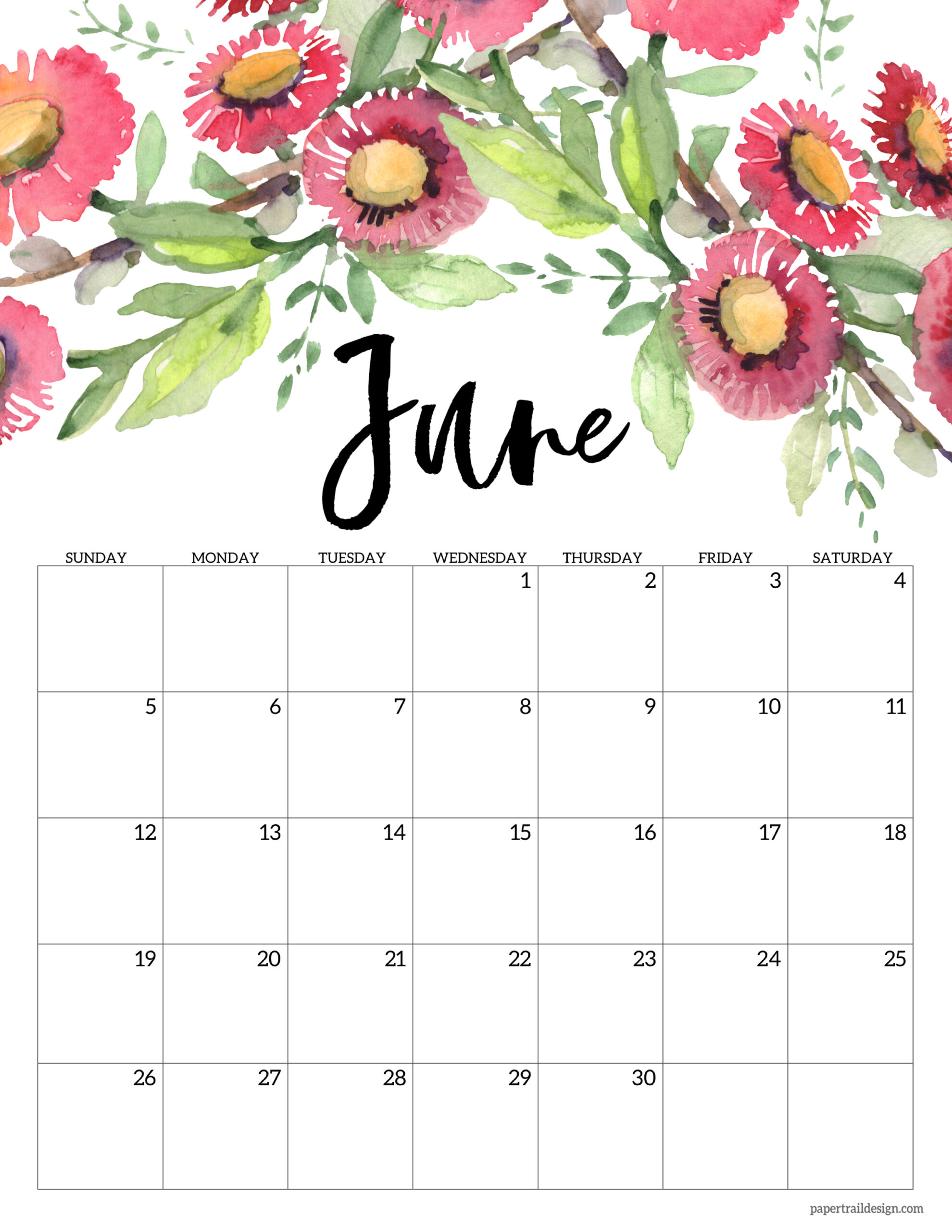 Free Printable June 2022 Calendar Free Printable 2022 Floral Calendar - Paper Trail Design