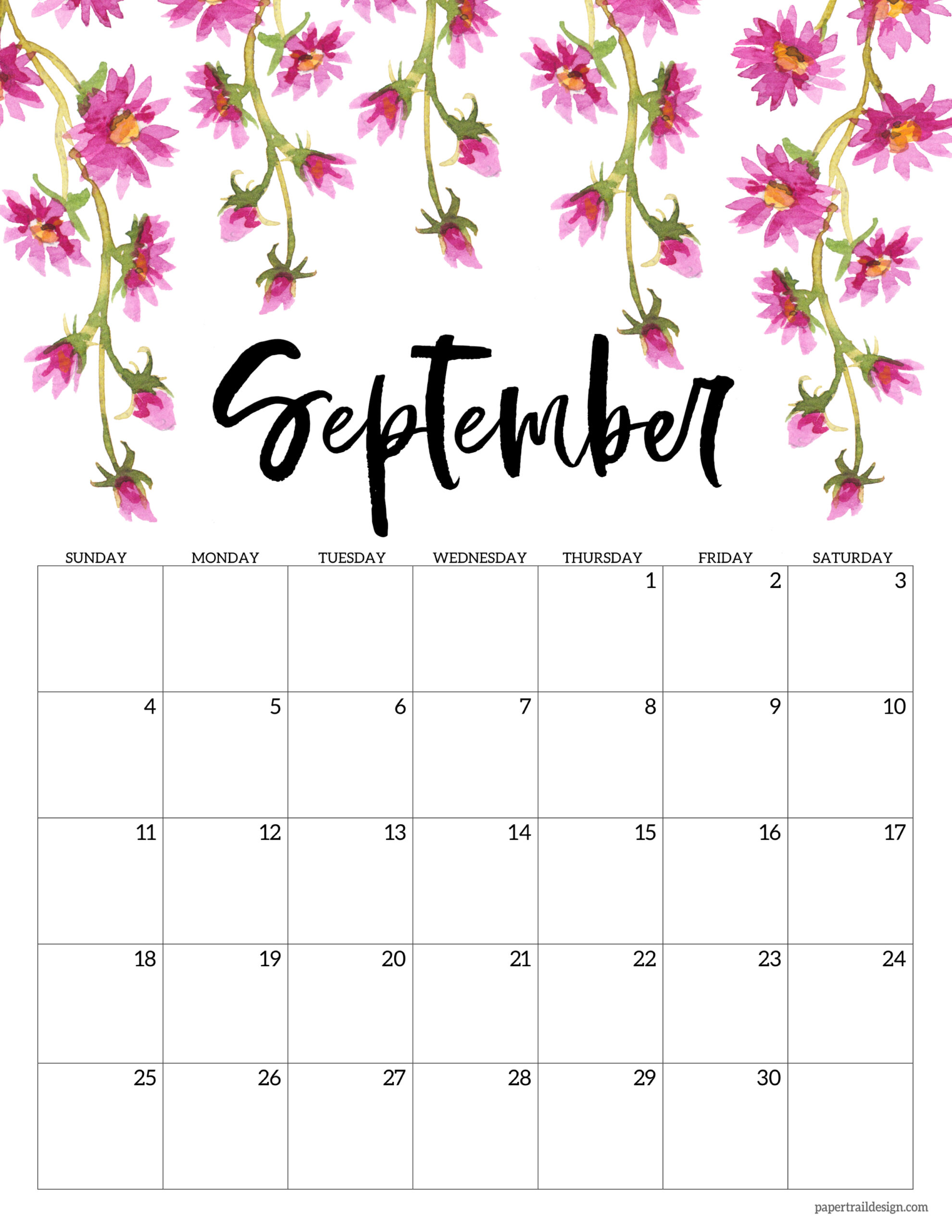 Pretty September 2022 Calendar Free Printable 2022 Floral Calendar - Paper Trail Design