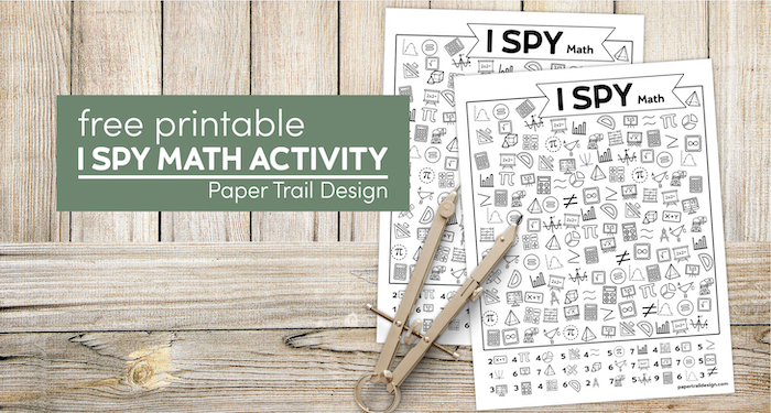 Printable I spy math themed activity pages with compass with text overlay- free printable I spy math activity