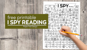 I spy reading activity page to print for free with kids hand holding pencil with text overlay- free printable I spy reading activty