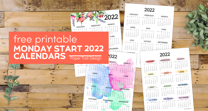 Monday start calendars with one page year at a glance designs with text overlay- free printable Monday start 2022 calendars