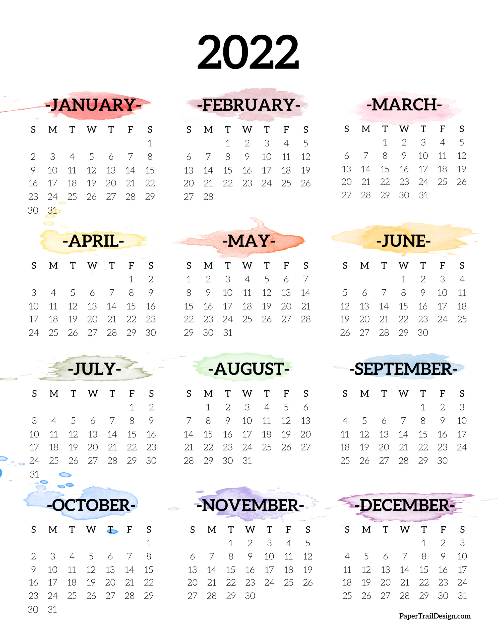 Print Calendar 2022 2022 One Page Calendar Printable - Watercolor - Paper Trail Design
