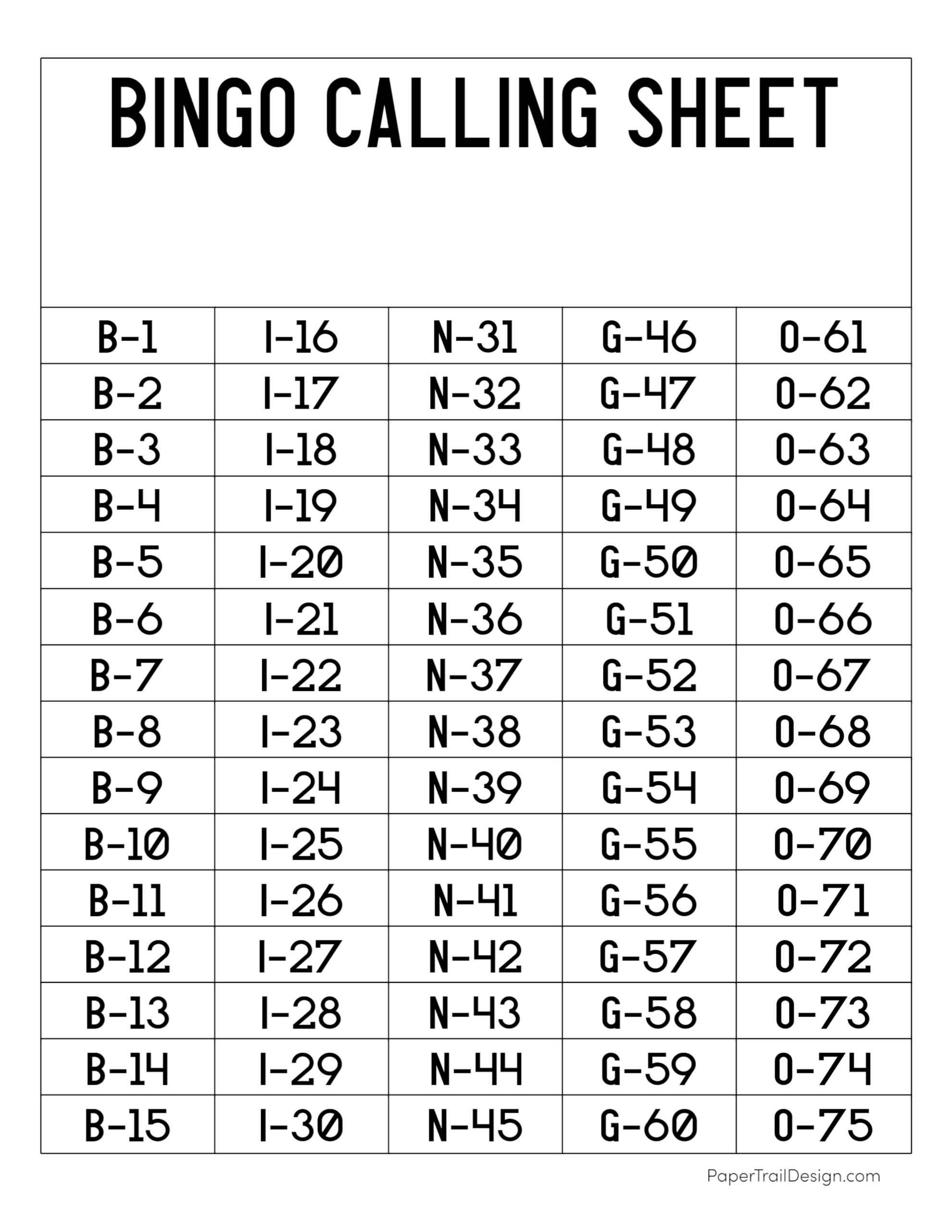 Printable Bingo Calling Numbers