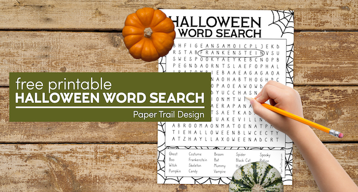 Free Halloween printable with pumpkind and kids hand holding pencil with text overlay- free printable Halloween word search