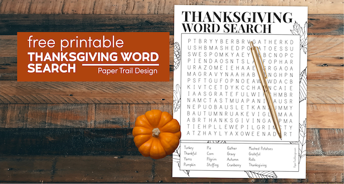 Thanksgiving word search game with mini pumpkin with text overlay- free printable Thanksgiving word search