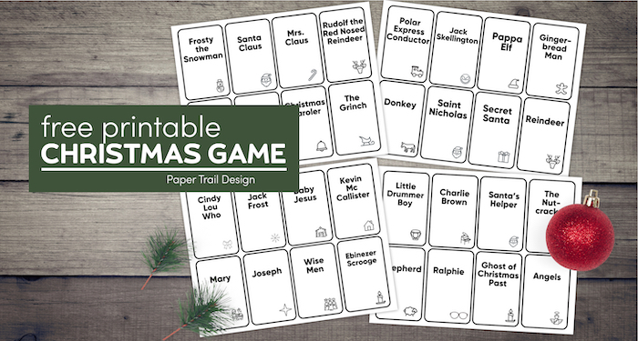 Christmas games to play including Christmas Hedbanz, Christmas charades, and Christmas memory with text overlay- free printable Christmas game