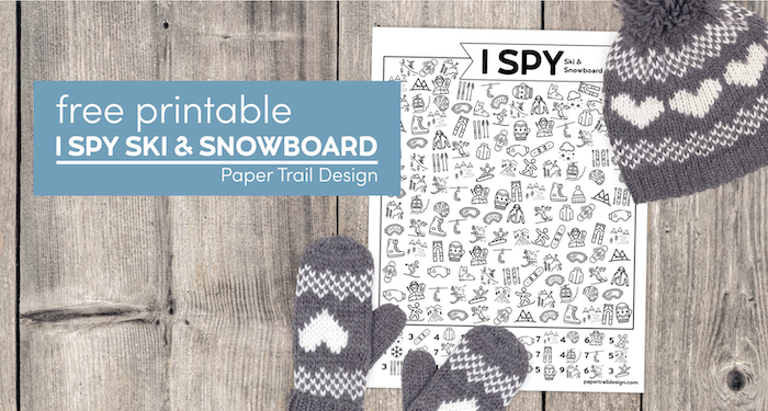 I spy winter activity page with mittens and hat with text overlay- free printable I spy ski & snowboard