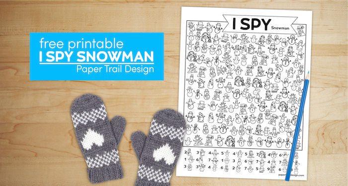 Snowman I spy kids activity with mittens and text overlay- free printable I spy snowman