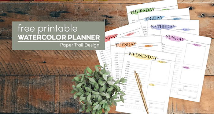 Daily planner template pages with watercolor with text overlay- free printable watercolor planner