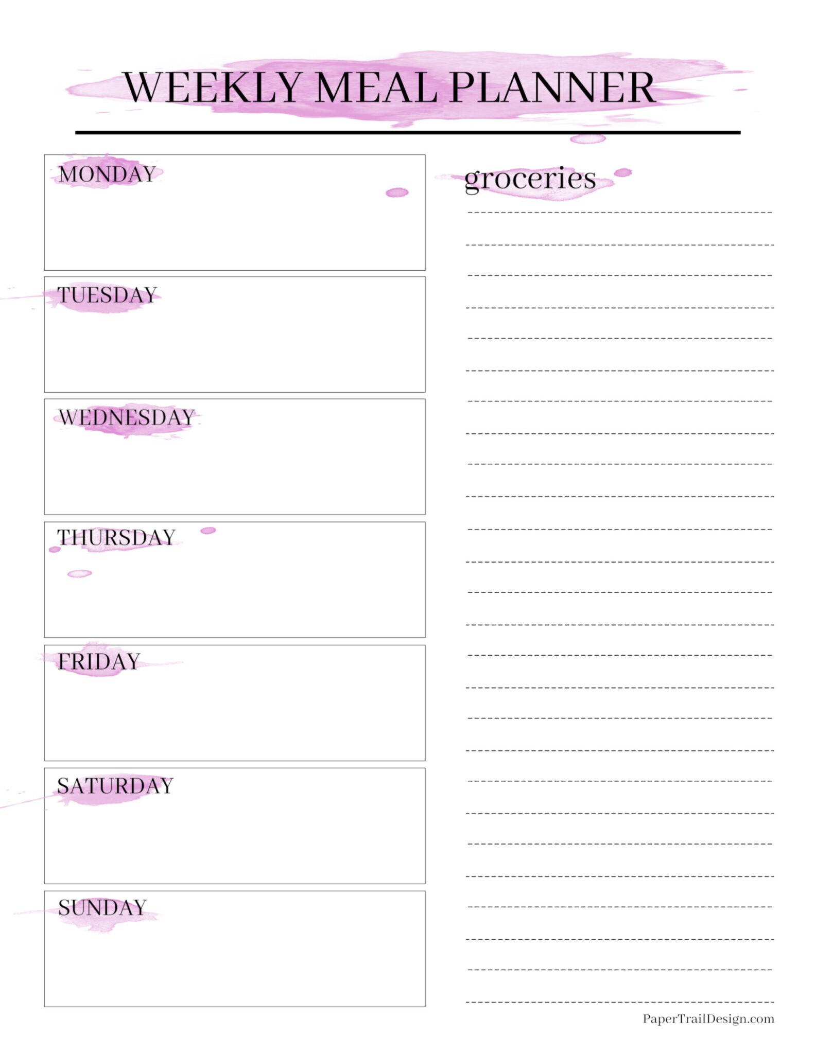 Watercolor Weekly Meal Planner with Grocery List - Paper Trail Design