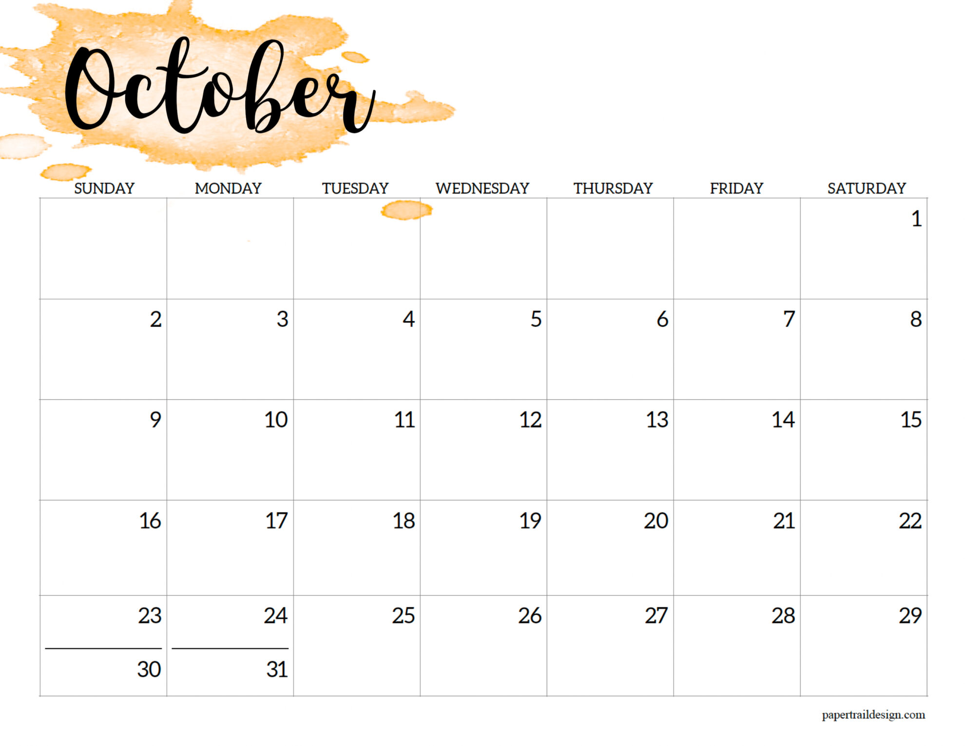 Oct Calendar 2022 Printable 2022 Calendar Printable - Watercolor - Paper Trail Design