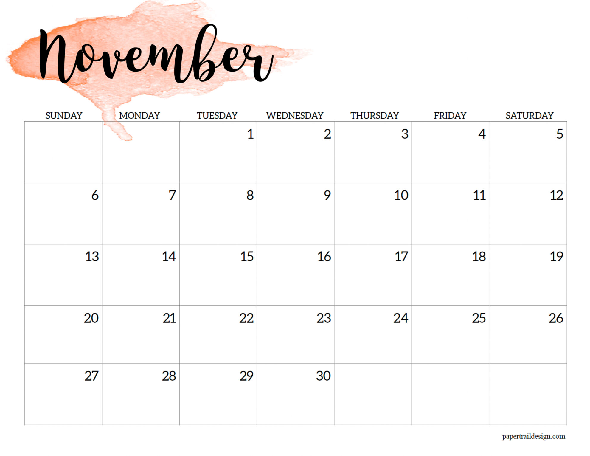 November Month Calendar 2022 Printable 2022 Calendar Printable - Watercolor - Paper Trail Design
