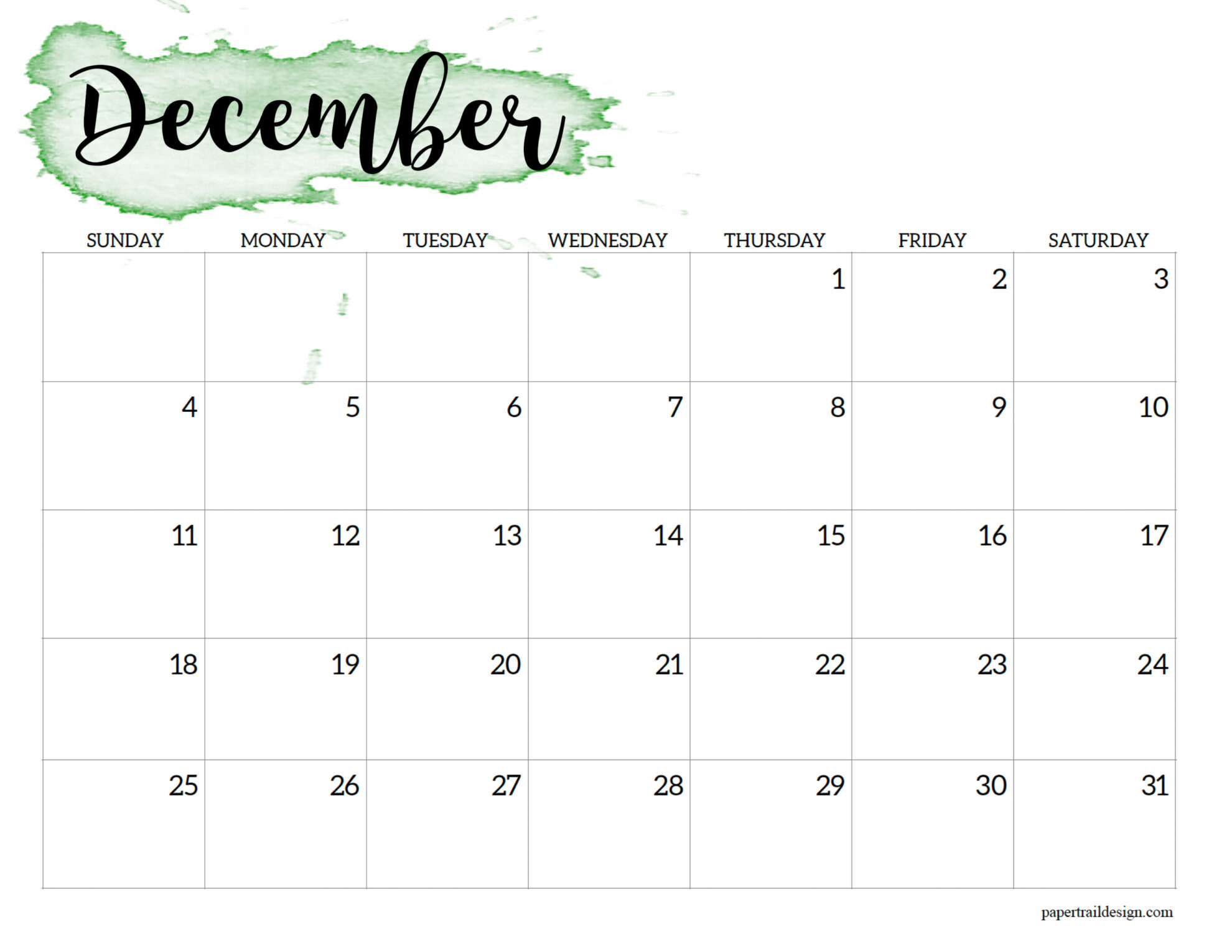 Dec Calendar 2022 Printable 2022 Calendar Printable - Watercolor - Paper Trail Design
