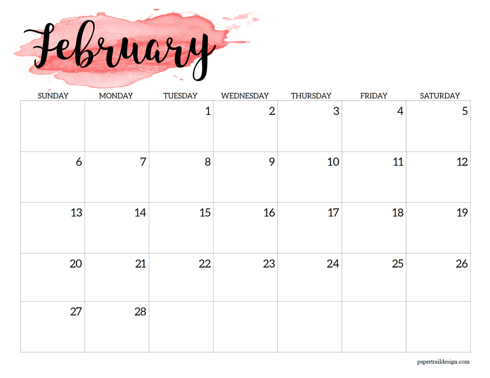 February 2022 Calendar Page 2022 Calendar Printable - Watercolor - Paper Trail Design