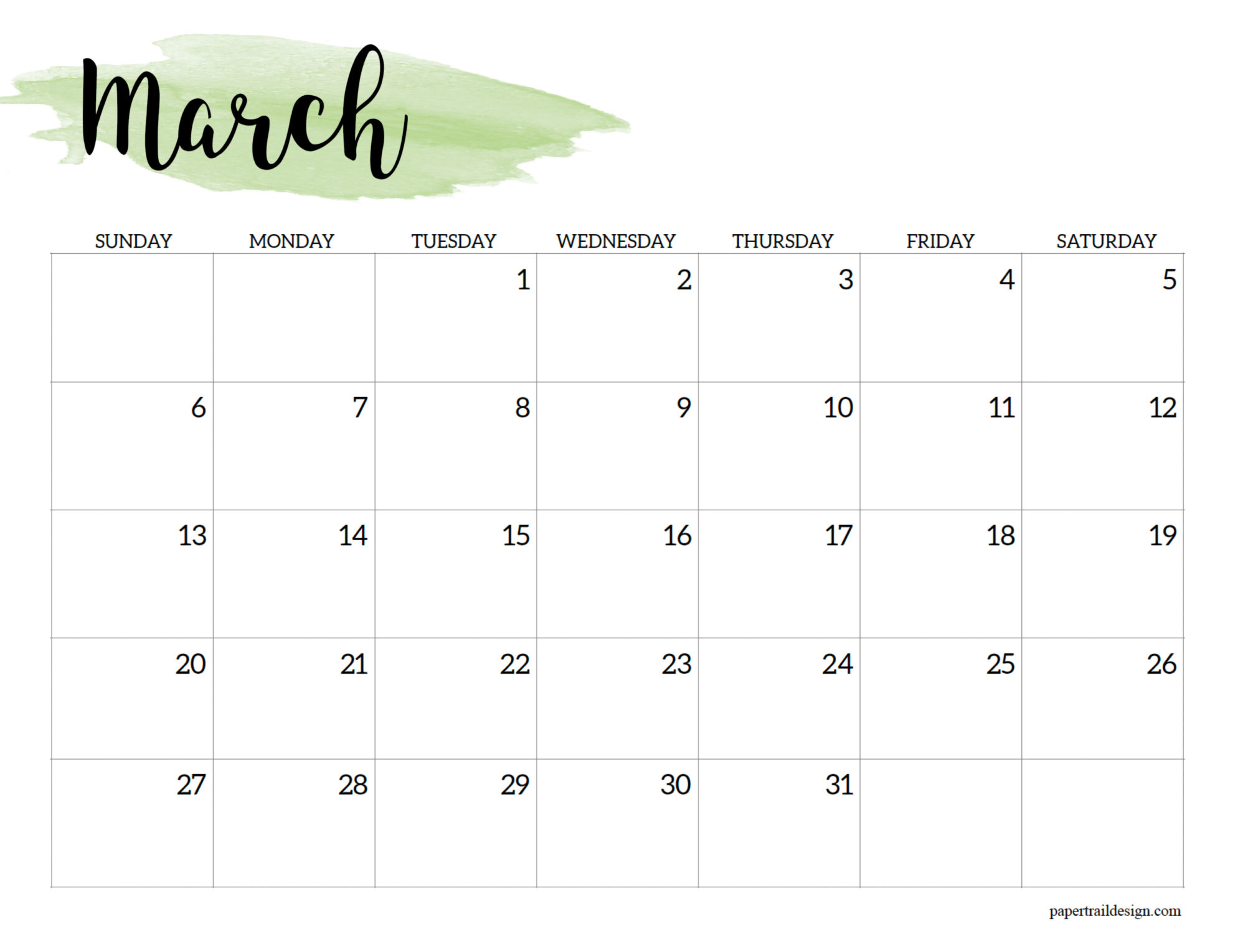 March 2022 Calendar Page 2022 Calendar Printable - Watercolor - Paper Trail Design
