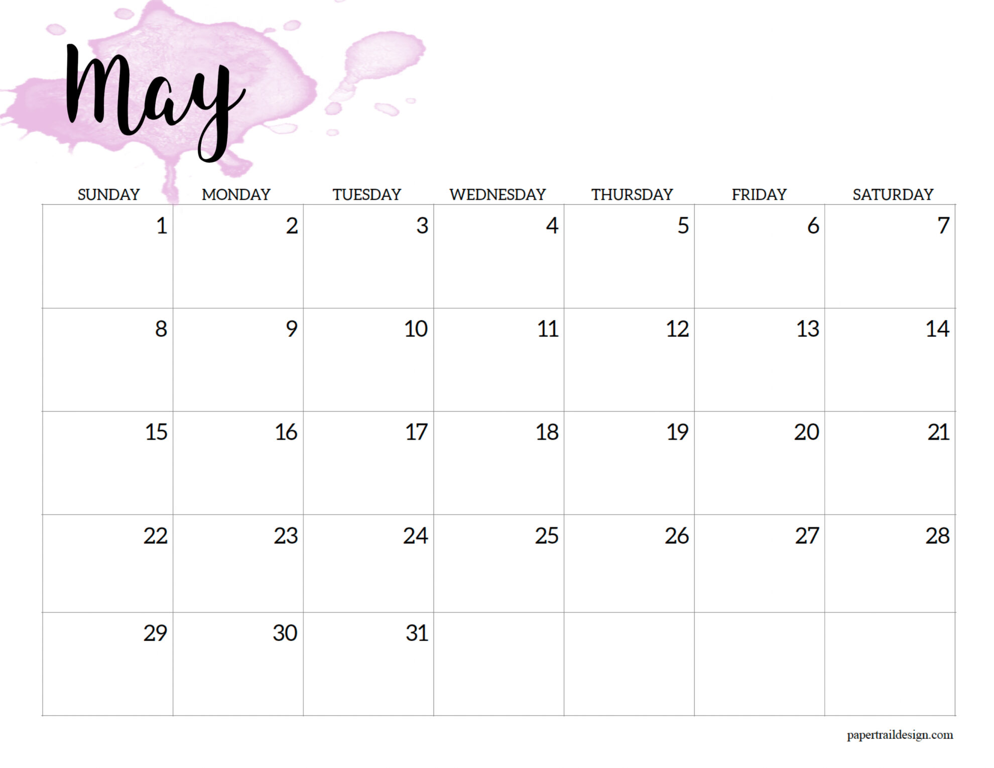 May 2022 Blank Calendar 2022 Calendar Printable - Watercolor - Paper Trail Design