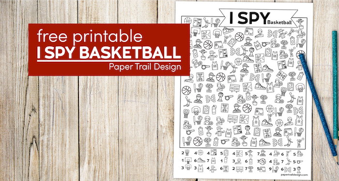 I spy basketball activity with colored pencils with text overlay- free printable I spy basketball
