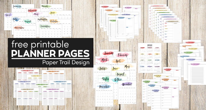 DIY monthly printable planner pages in all designs and watercolor colors with text overlay- free printable planner pages