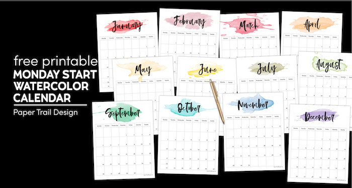 2022 Monday start watercolor calendar pages from January to December with text overlay- free printable Monday start watercolor calendar