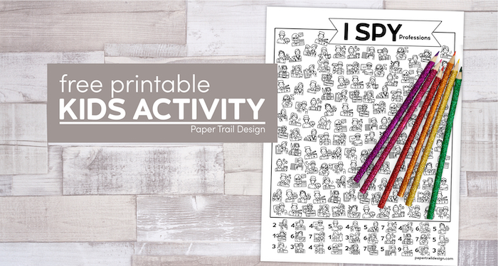 I spy professions activity page with colored pencils with text overlay- free printable kids activity