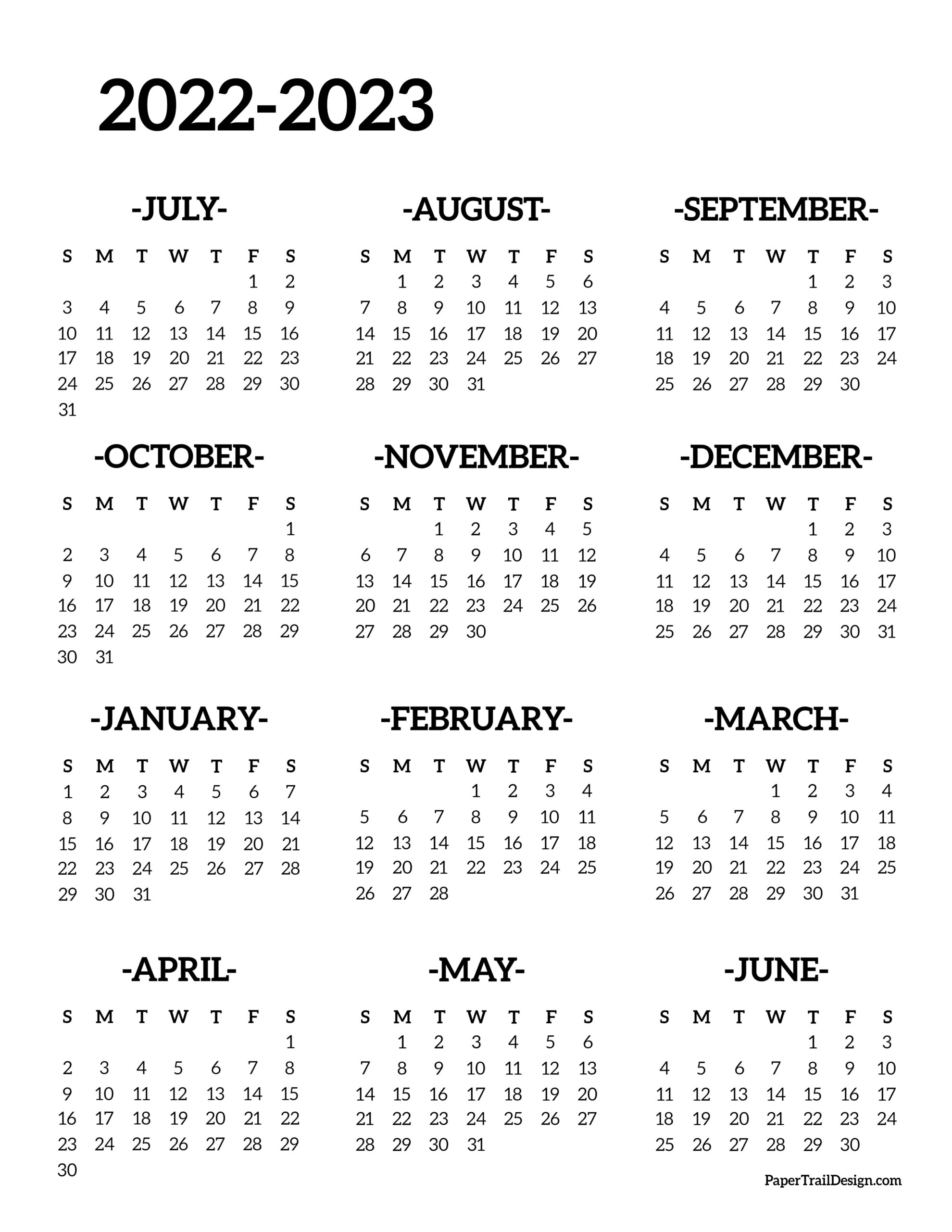 2022 2023 school year calendar free printable paper trail design