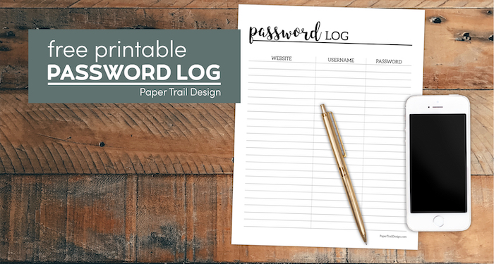 Password keeper page with pen and phone with text overlay- free printable password log