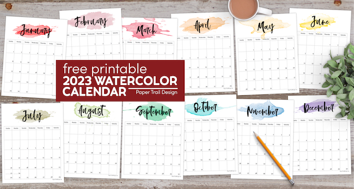 2023 Printable Calendar - Watercolor - Paper Trail Design