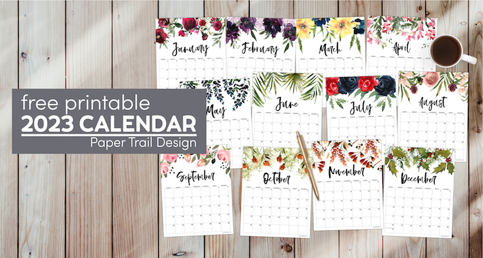 Monthly calendar pages for 2023 from January to December with text overlay- free printable 2023 calendar