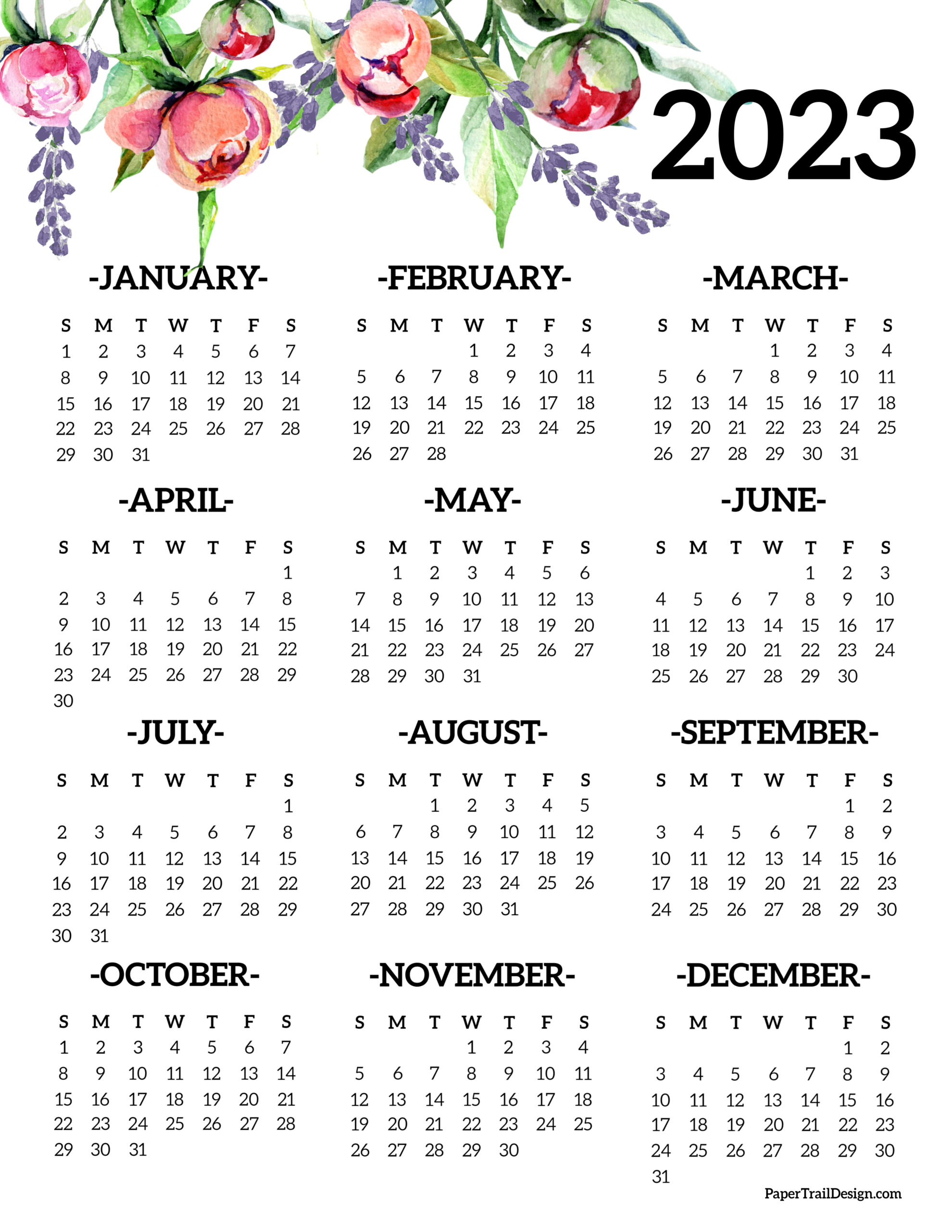 Calendar 2023 Printable One Page - Paper Trail Design