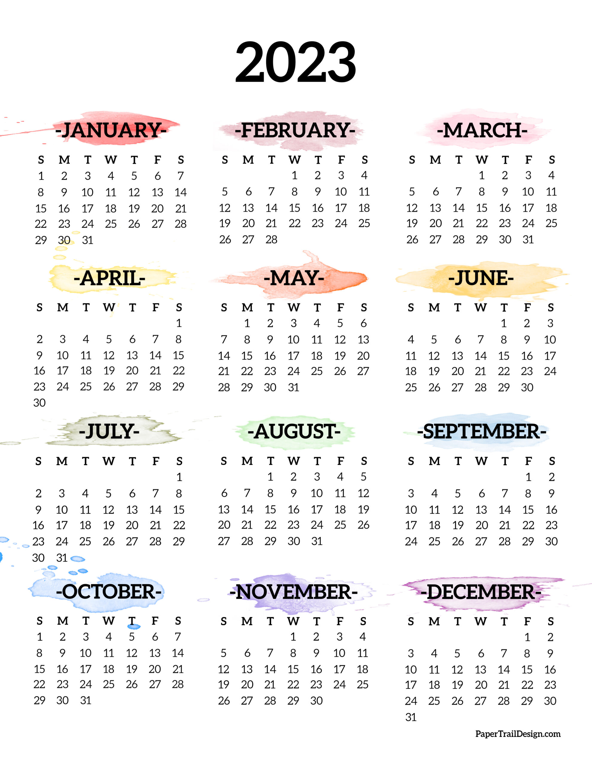 Calendar 2023 Printable One Page - Paper Trail Design