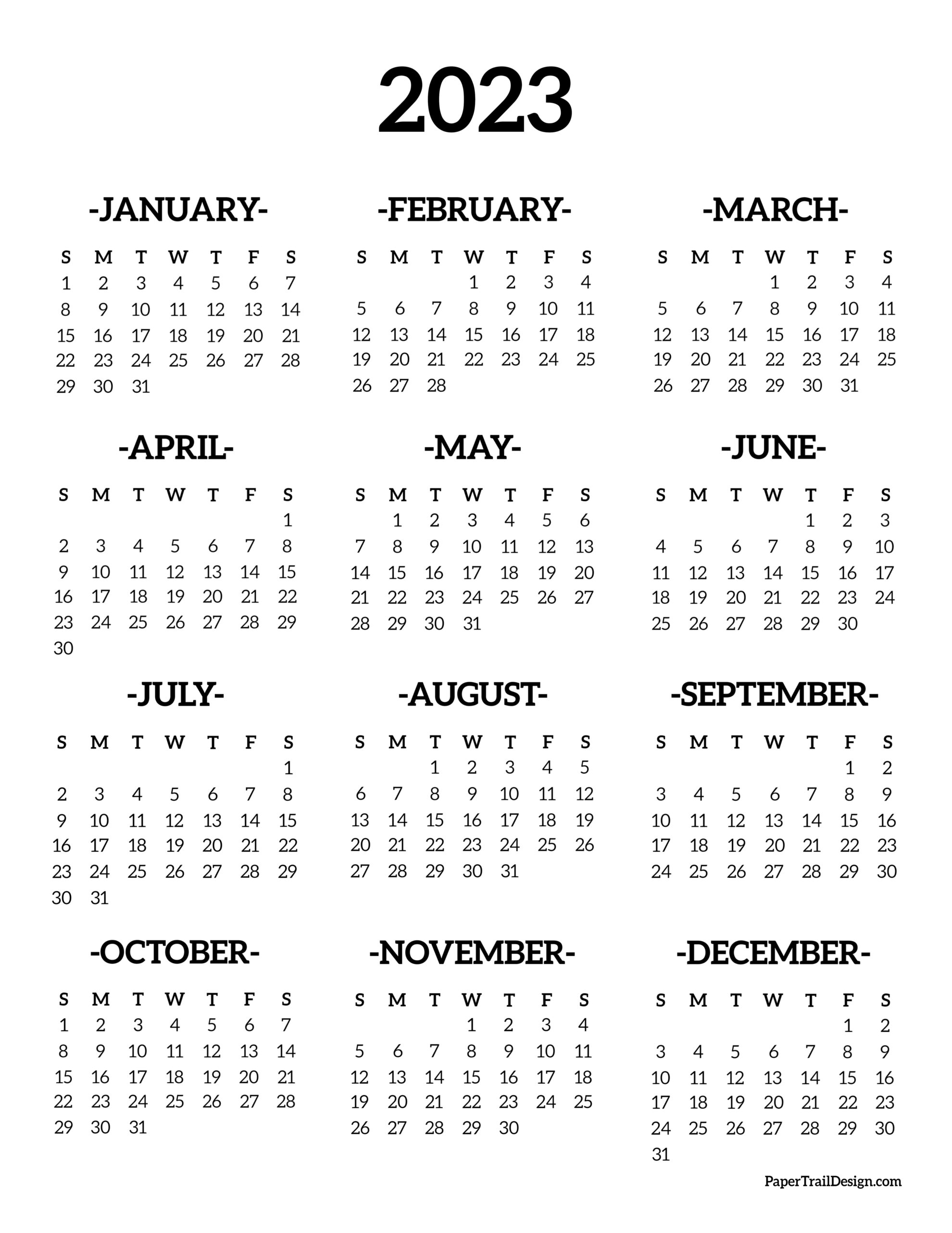 Calendar 2023 Printable One Page - Paper Trail Design