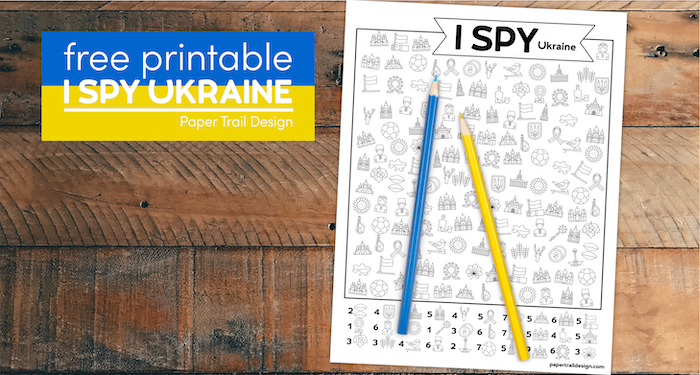 Kids I spy Ukraine activity page to color with blue and yellow colored pencilswith text overlay- free printable I spy Ukraine