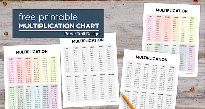 Multiplication tables in gray and colorful options as well as blank option to fill in with text overlay- free pritnable multiplication chart