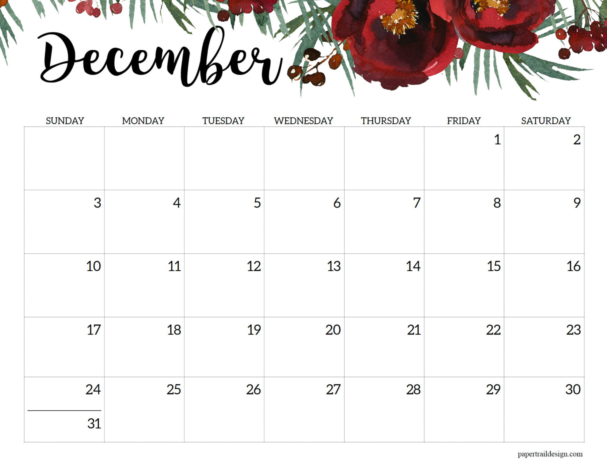 Horizontal Floral Printable Calendar - 2023 - Paper Trail Design