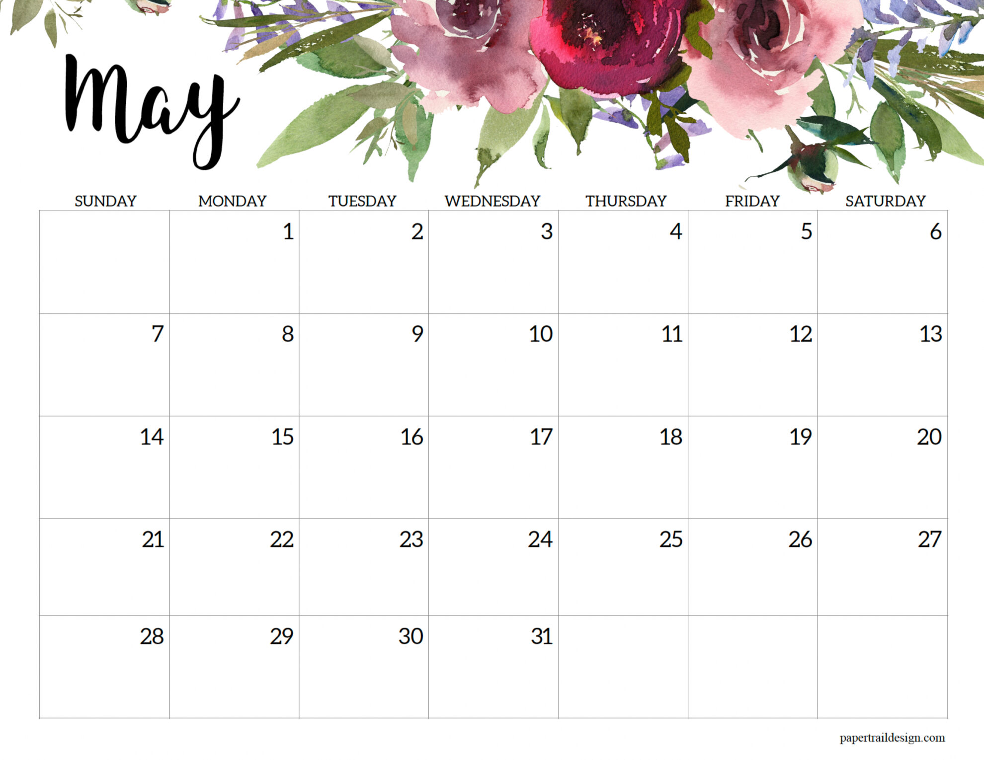 Horizontal Floral Printable Calendar - 2023 - Paper Trail Design Horizontal Floral Printable Calendar - 2023 - Paper Trail Design