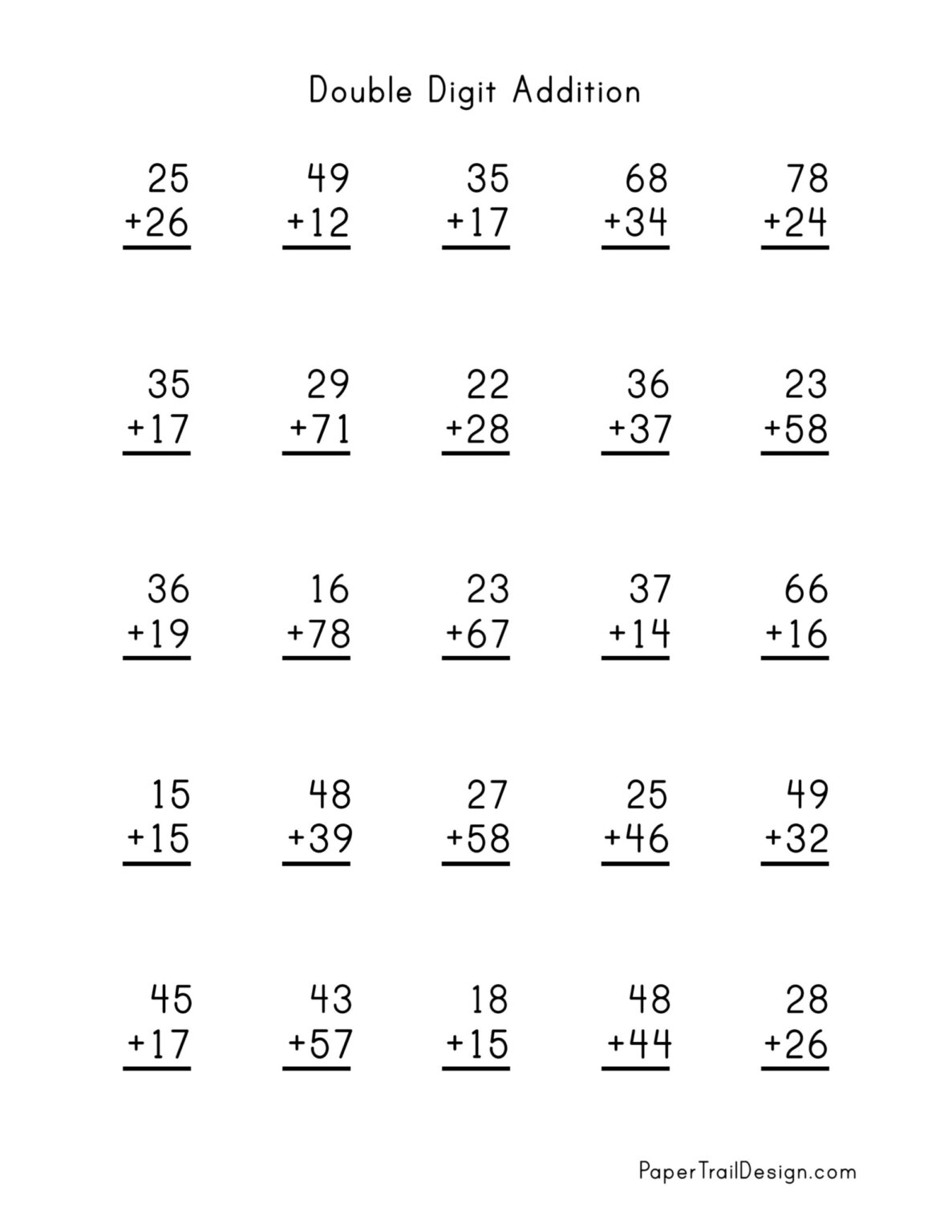 Addition worksheets paper trail design