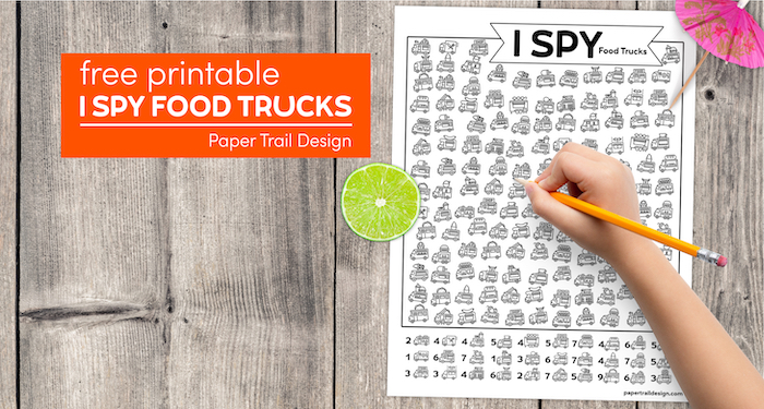 Food cart themed I spy activity with text overlay- free printable I spy food trucks