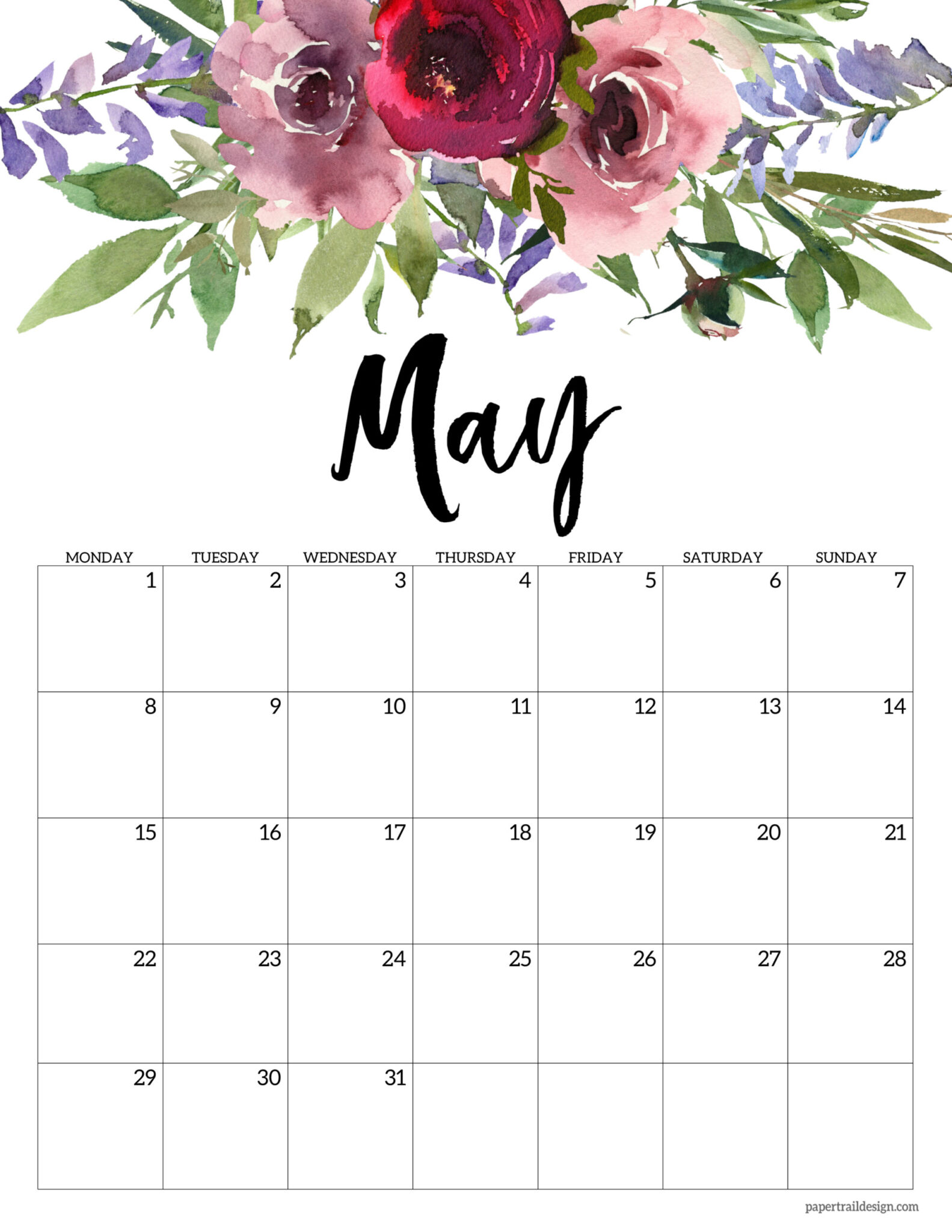 Free Printable 2023 Floral Calendar Monday Start Paper Trail Design
