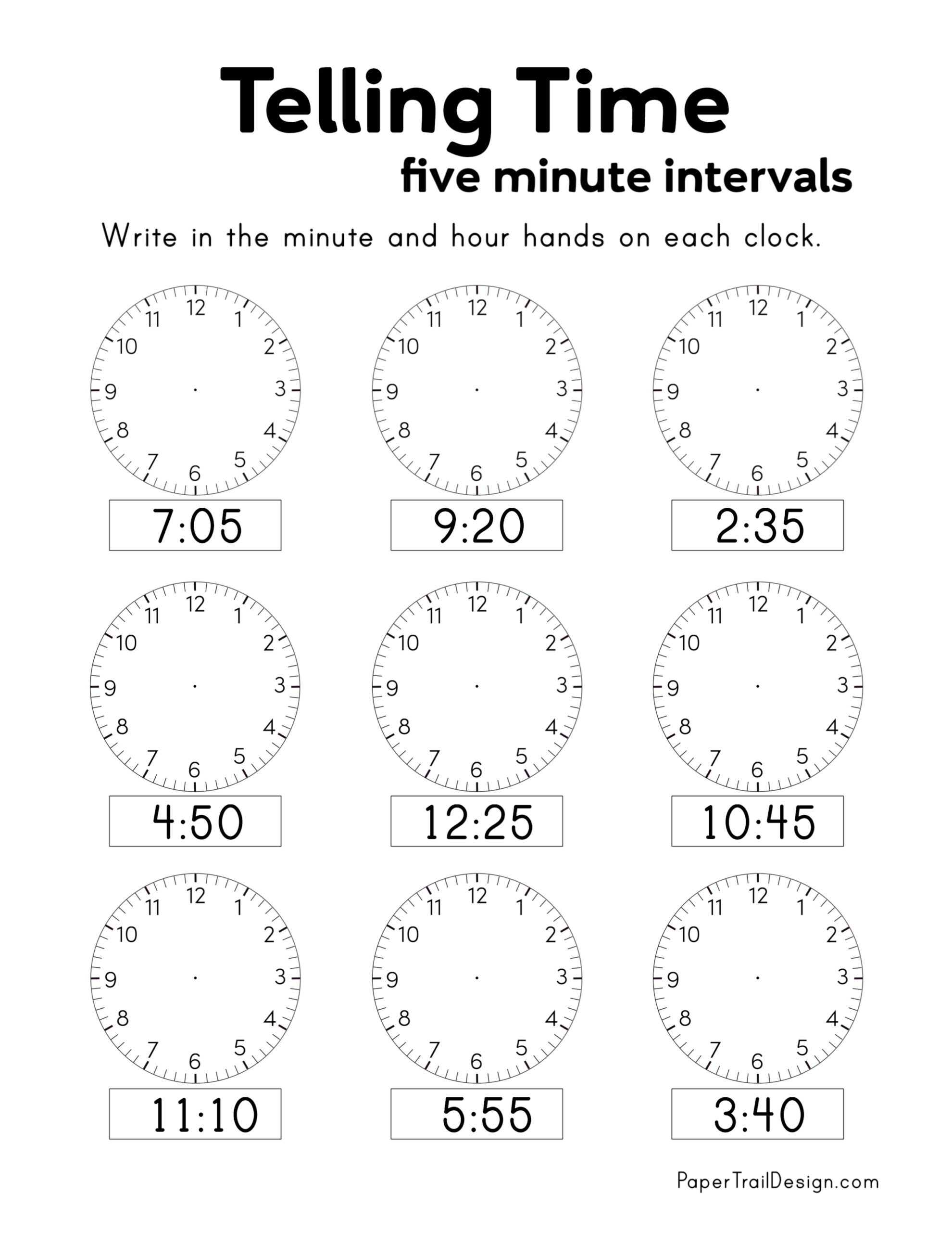 Telling Time to 5 minutes Worksheets