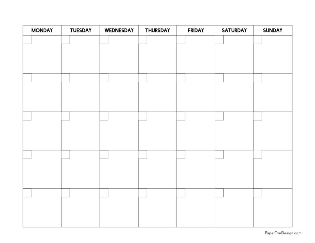 Monday Start Blank Calendar Template Paper Trail Design