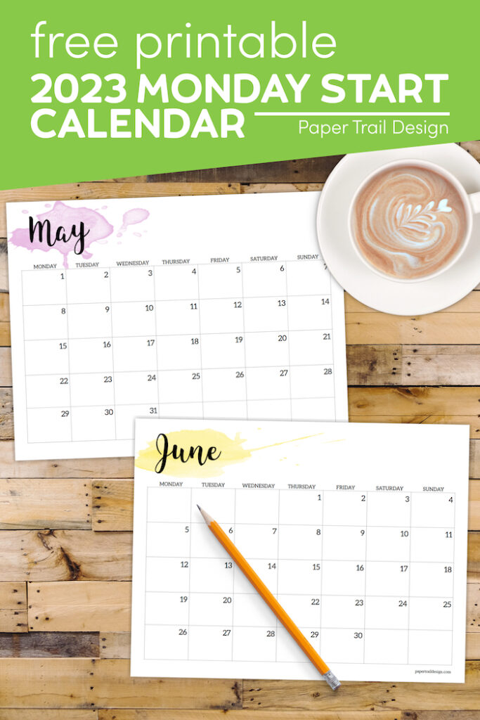 2023 Monday Start Calendar Printable Watercolor Paper Trail Design