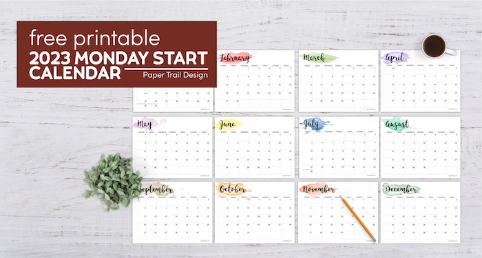 Free 2023 horizontal calendar with Monday start and watercolor design with text overlay- free printable 2023 Monday start calendar