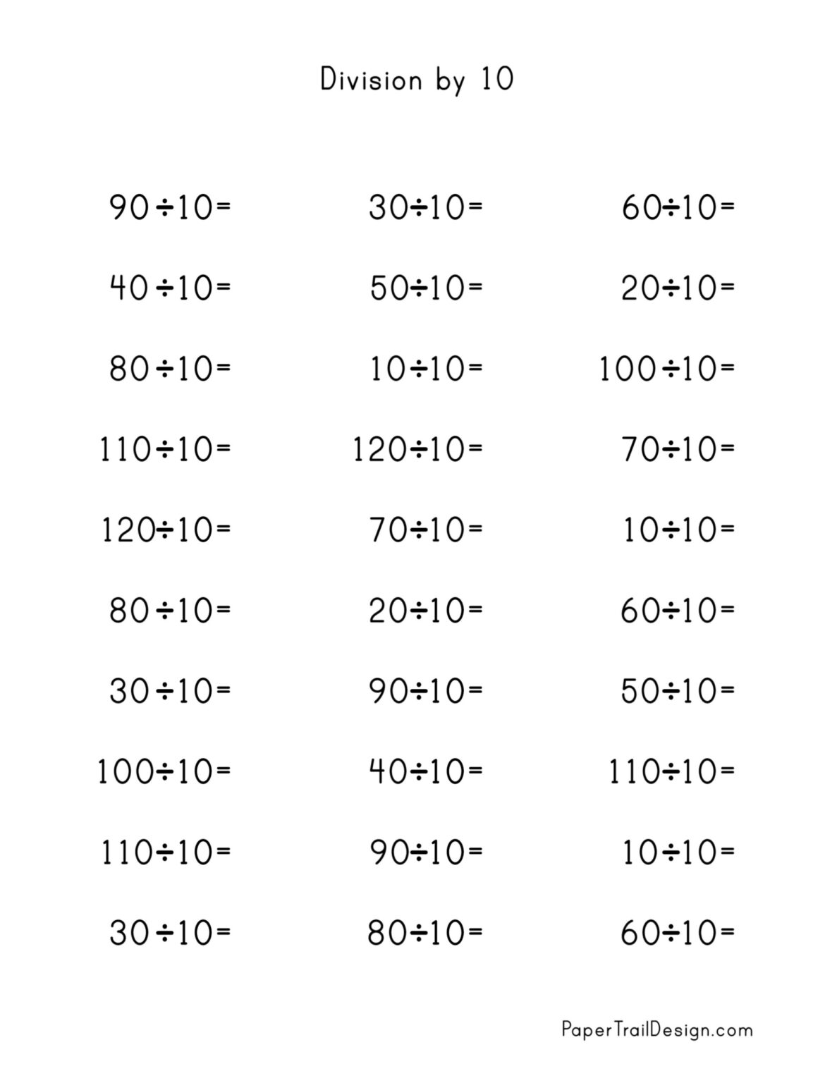 Division Worksheets for Division Facts 1-12 - Paper Trail Design