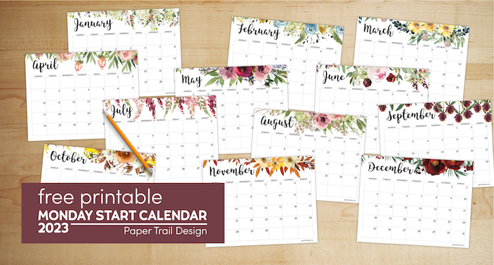 Horizontal design 2023 floral calendar pages with a Monday start with text overlay- free printable Monday start calendar 2023