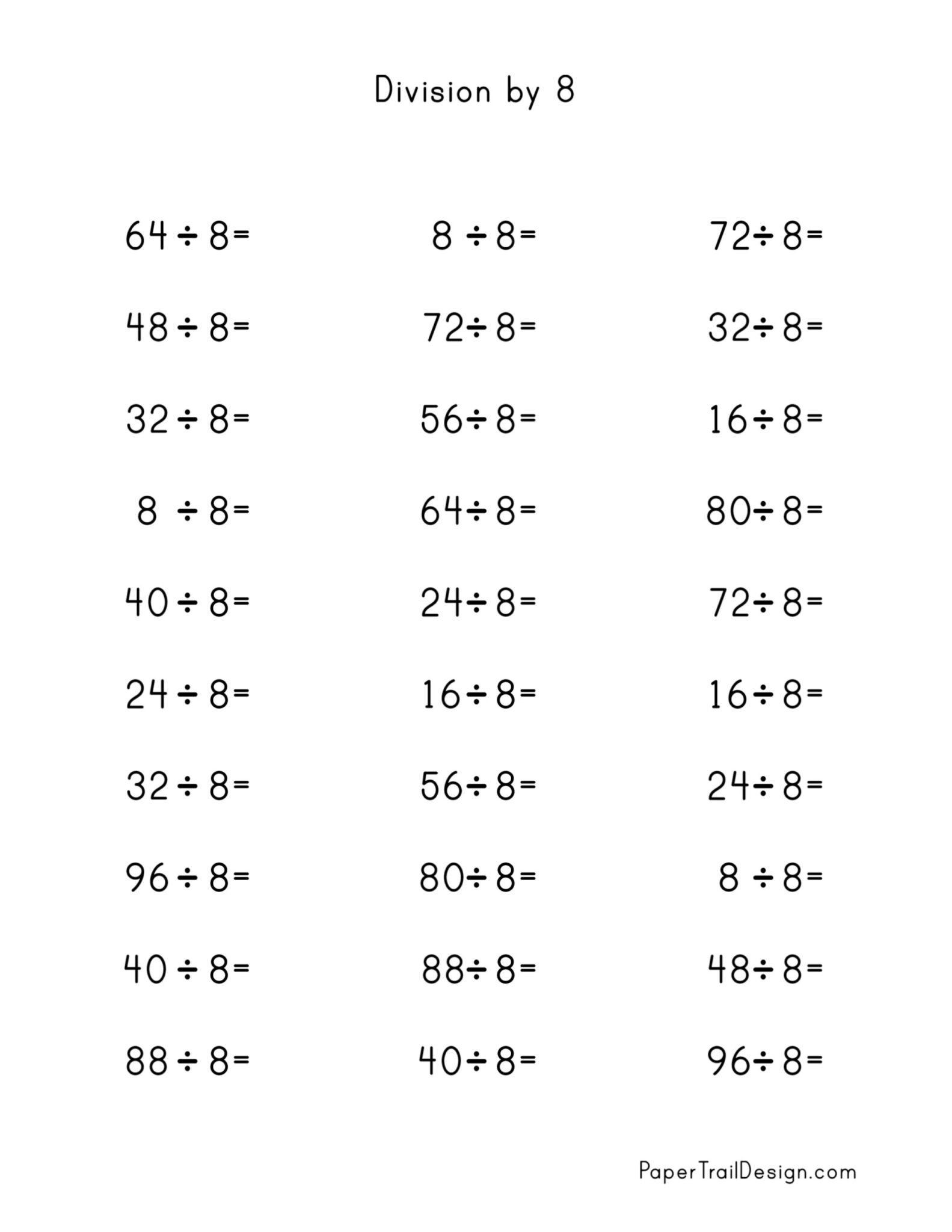 Division Worksheets for Division Facts 1-12 - Paper Trail Design