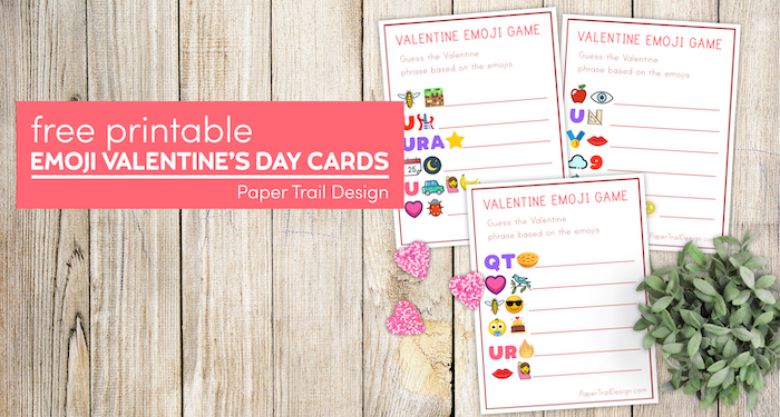 Emoji guessing game Valentine's day cards for kids with text overlay- free pritnable emoji Valentine's day cards